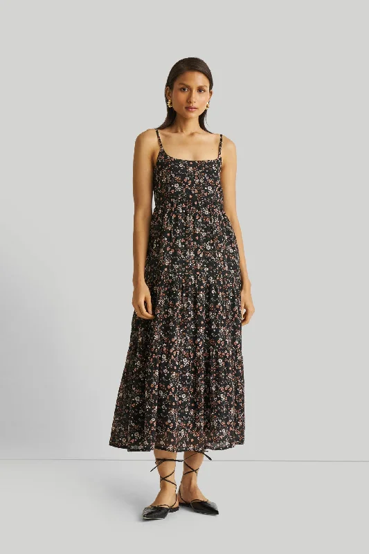 Strappy Tiered Maxi Dress in Black Florals