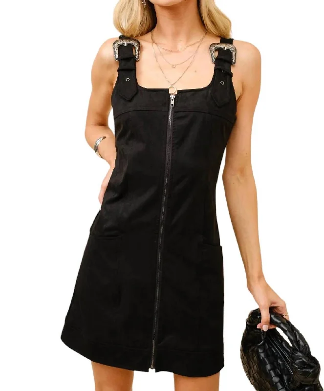 Suede Western Buckle Mini Dress In Black