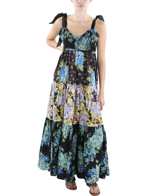 Womens Poplin Floral Print Maxi Dress