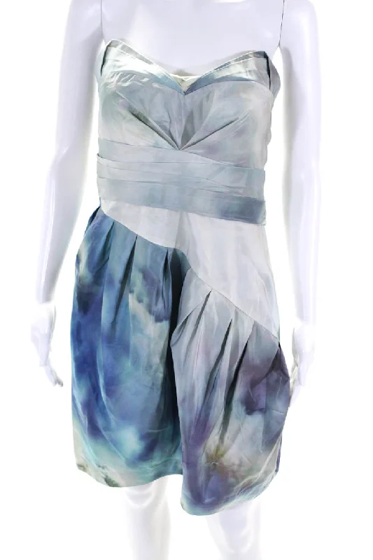 Zac Posen Womens Silk Strapless Pleated Tie Dye Print Mini Dress Blue