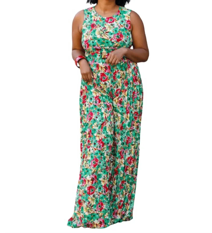 Pleated Floral Jumpsuit In Green