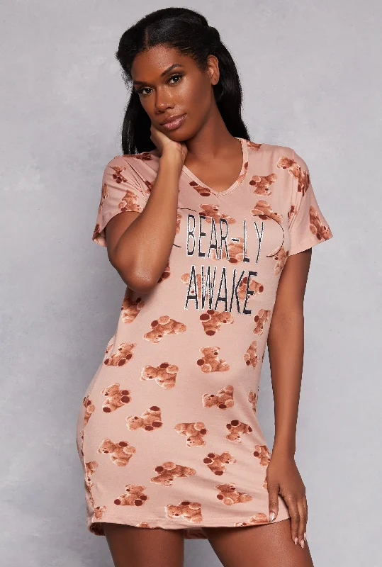 Bearly Awake V Neck Graphic Nightgown