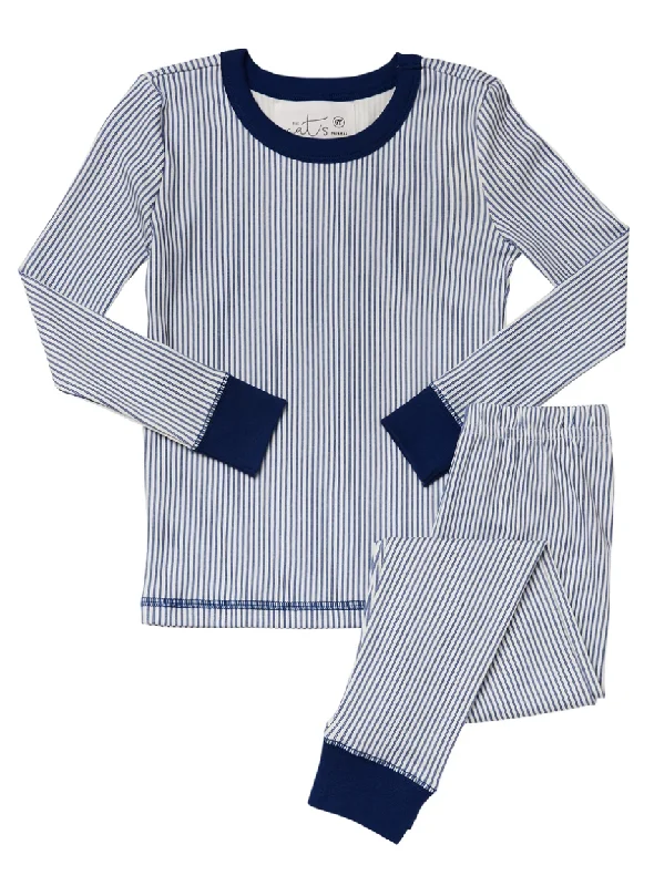 Kids Long-Sleeve Knit Pajama Set - Simple Blue Stripe