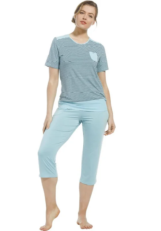 Pastunette Striped Capri Pyjama Set, Turquoise & Navy