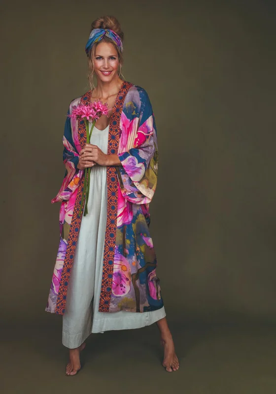 Powder Orchid Print Kimono Gown, Purple Multi