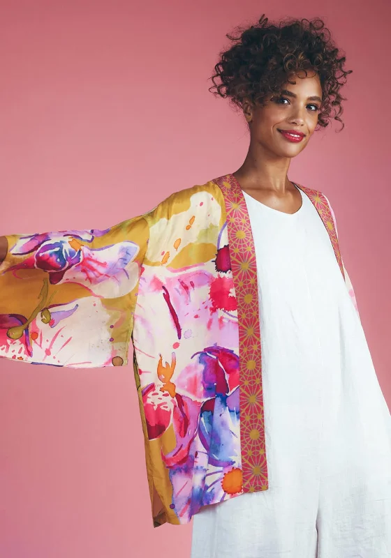 Powder Orchid Print Kimono Jacket, Mustard & Pink