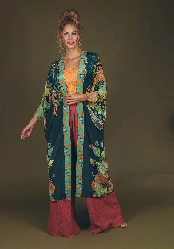 Powder Wisteria Kimono Gown, Green Multi