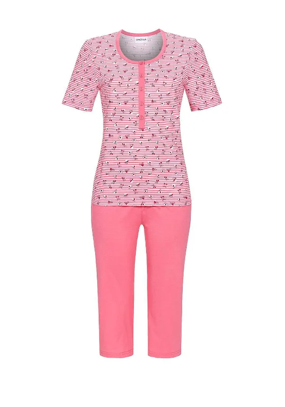 Ringella Stripe Short Sleeve Capri Pyjama Set, Pink