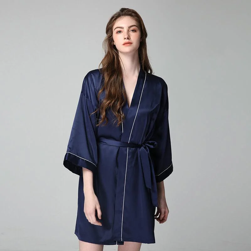 Short 100% Silk Robes With Trim Women Silk Nightwear