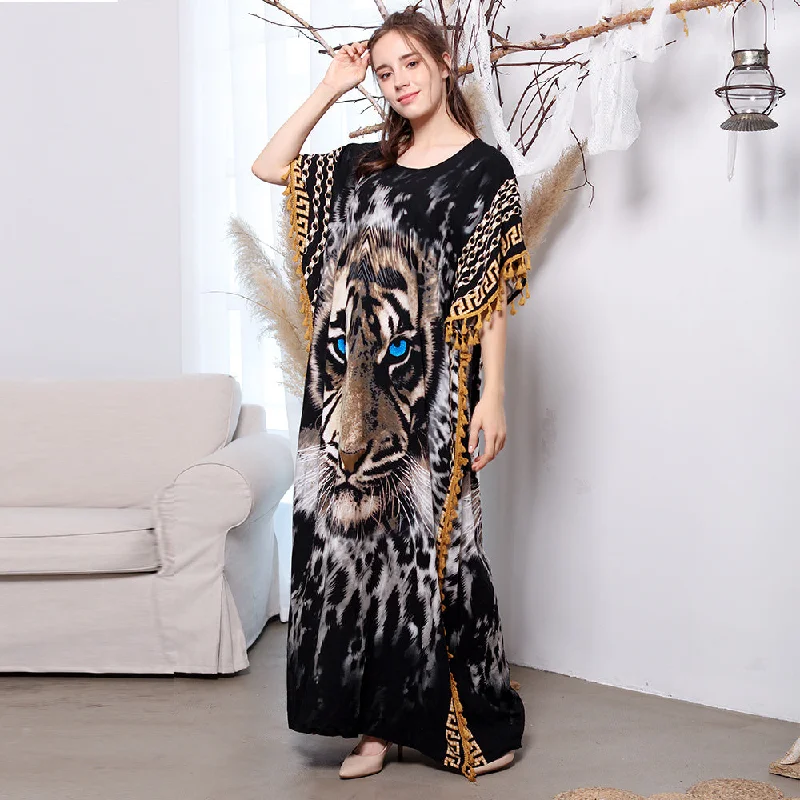 2022 Women Muslim Abaya Dubai Kaftan Middle East Indian Dress Short Sleeve Animal Print Elegant Plus Size Plus Size