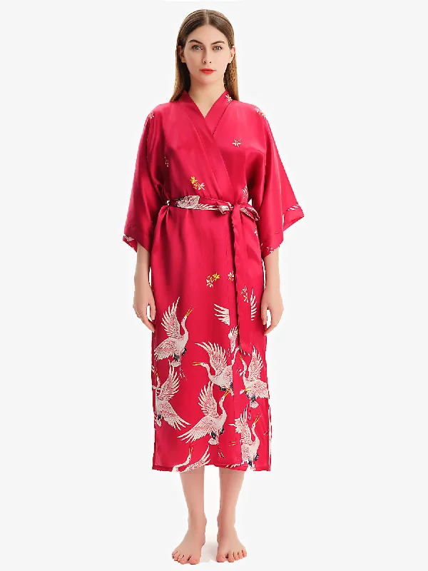 Claret Crane Printed Womens Long Mulberry Silk Kimono  Robe