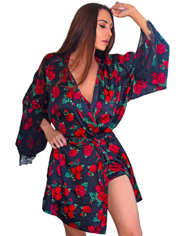 Lovely Lies 2911 Rose Print Kimono Robe