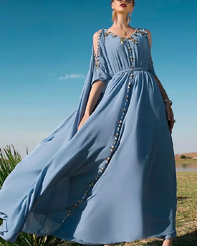 Dubai Elegant Dresses For Women Summer Sexy Off Shoulder V-Neck Soft Dress Fashion Diamonds Abaya Travel Feminine Clothes