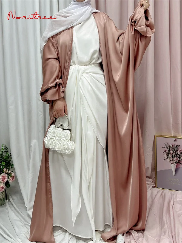 Ramadan Eid Clothes for Arabic Worship Service Abaya Muslim Robe Puff Sleeve Elegant Silky Robe Wy824